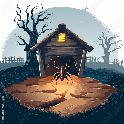 A horror vector of a huge spider crawling from the earth, with red glowing eyes in a cobwebbed barn behind, illustrated in gritty vintage comic style.
