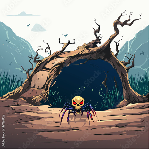 A horror vector of a huge spider crawling from the earth, with red glowing eyes in a cobwebbed barn behind, illustrated in gritty vintage comic style.