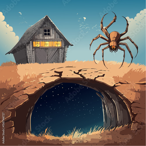 A horror vector of a huge spider crawling from the earth, with red glowing eyes in a cobwebbed barn behind, illustrated in gritty vintage comic style.