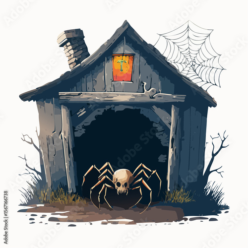 A horror vector of a huge spider crawling from the earth, with red glowing eyes in a cobwebbed barn behind, illustrated in gritty vintage comic style.