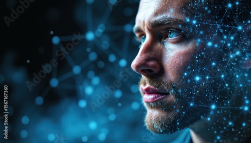Close-up portrait of man face with digital grid overlay. Illustration represents digital training visualization for athletes. Blue network lines, connection points, abstract modern tech design.