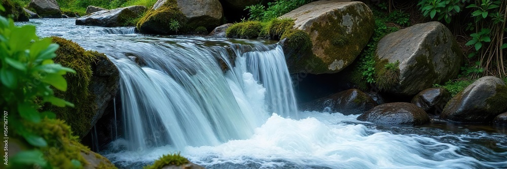 Fototapeta premium Mesmerizing Waterfall Cascade Crystal Clear Water Plunges Over Mossy Rocks, Creating a Refreshing Spray Amidst Vibrant Green Foliage