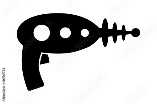 Black silhouette of futuristic alien blaster gun icon. Clipart image isolated on background.