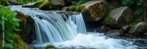 Mesmerizing Waterfall Cascade Crystal Clear Water Plunges Over Mossy Rocks, Creating a Refreshing Spray Amidst Vibrant Green Foliage
