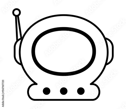 Simple black and white line drawing of astronaut helmet with antenna. Clipart image isolated on background.