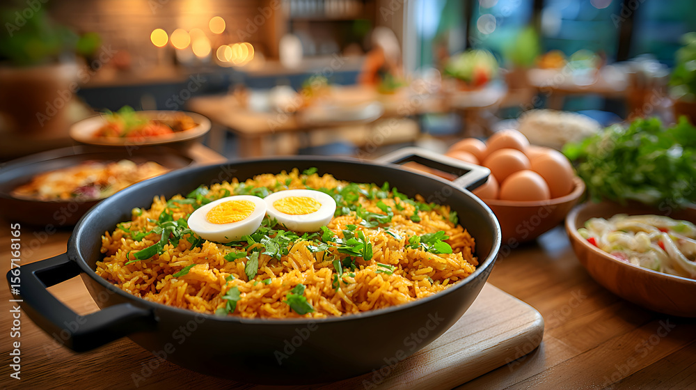 Obraz premium Overhead image of aromatic biryani rice with garnished boiled eggs and fried onions, blurred family dinner scene