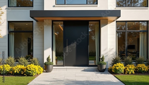 Modern black front door. Entryway with large side windows, minimalist landscaping. Contemporary house facade exterior with door handle. Exterior design home, entrance to luxury residential