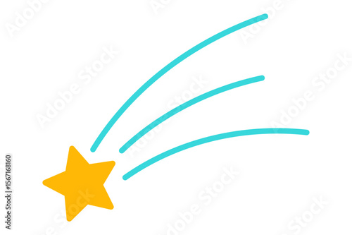 Simple graphic icon of shooting star with tail lines in blue and yellow colors. Clipart image isolated on background.