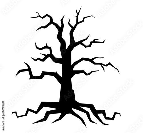 Black silhouette of leafless tree with extensive roots. Clipart image isolated on background.