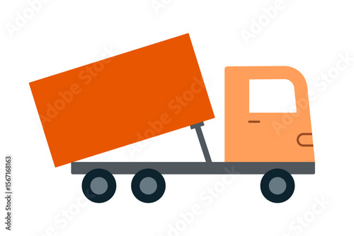 Orange dump truck icon with tilting bed on white background. Clipart image isolated on background.