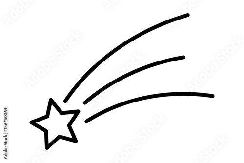 Simple black and white shooting star line icon with trail lines. Clipart image isolated on background.