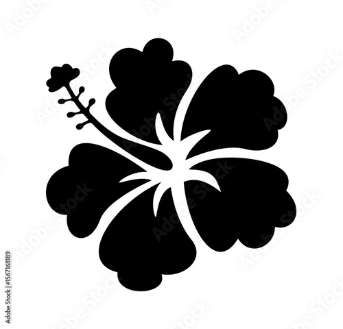 Black hibiscus flower silhouette with detailed petals and stamen on white background. Clipart image isolated on background.