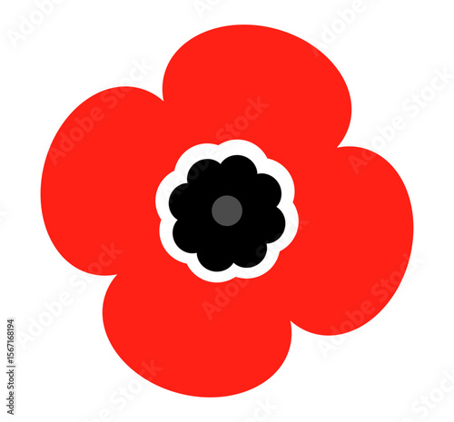 Red poppy flower icon with black and white center in simple glyph style. Clipart image isolated on background.