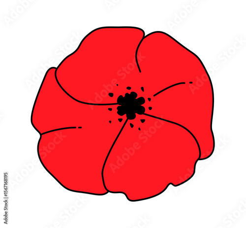 Bright red poppy flower illustration with simple black line details. Clipart image isolated on background.