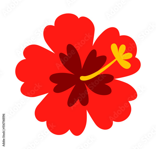 Bright red hibiscus flower icon with yellow stamen. Clipart image isolated on background.