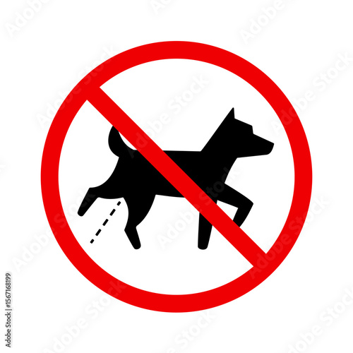 No peeing dog warning sign in red circle prohibition symbol. Clipart image isolated on background.