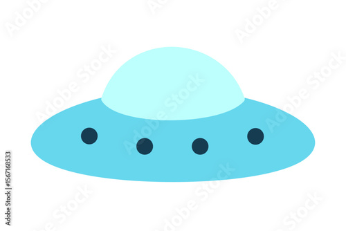 Blue and turquoise UFO with round lights flat icon design. Clipart image isolated on background.