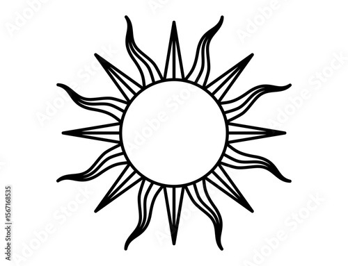 Black and white stylized sun icon with elegant rays. Clipart image isolated on background.