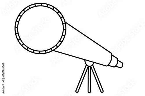 Simple line drawing of telescope on tripod stand. Clipart image isolated on background.