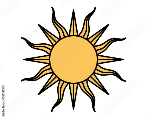 Stylized sun icon with long black and yellow rays. Clipart image isolated on background.