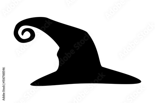 Black silhouette of curly witch hat on white background. Clipart image isolated on background.