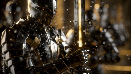 A knight in shining black armor holding a sword with a blurred background scene