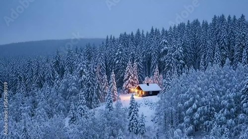Winter's embrace blankets a remote cabin nestled deep within a peaceful, snow-laden evergreen forest.