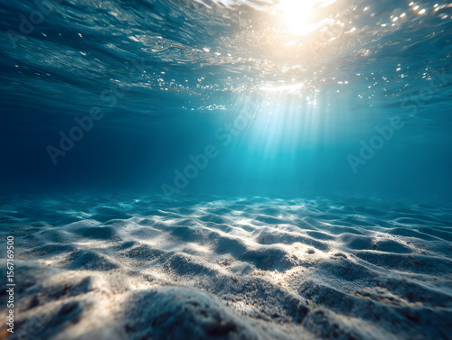 海中に差し込む太陽の光が砂地を照らす神秘的な風景