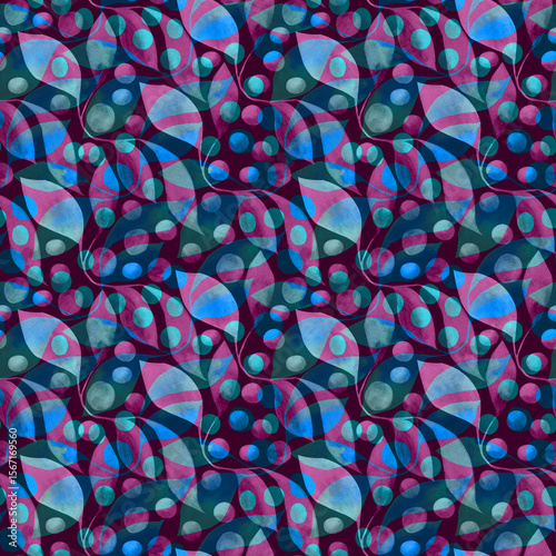 Fotografie Seamless abstract pattern with translucent organic shapes and circles in cool blue-purple tones