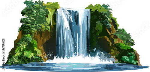 A breathtaking waterfall cascades down into a serene pool, surrounded by lush greenery and rocky cliffs