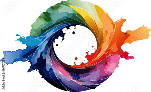 A colorful iris diaphragm design, representing a spectrum of hues. The image captures a swirling motion, forming a unique artistic representation.