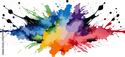 A vibrant display of watercolor paint splashes in a rainbow of colors