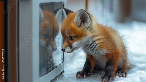Curious fox looking into a fridge. AI.