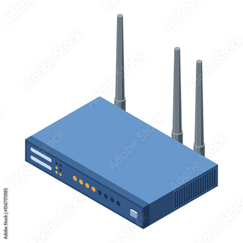 Isometric network wifi router with antennas. Wireless network communication technology. Wireless internet router. Network technology. Vector illustration