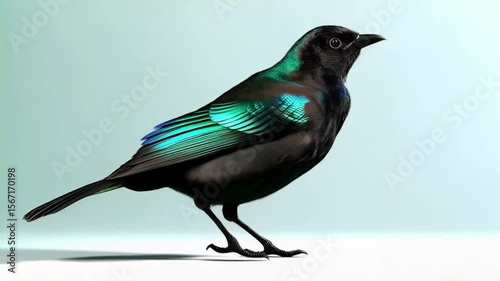 Wallpaper Mural A black bird with blue markings standing on one leg against a green screen background green screen bird video Torontodigital.ca