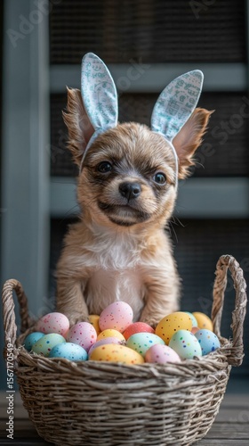 Cute puppy with Easter ears. AI.