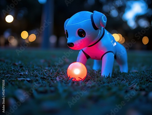 Cute robot dog playing in the grass. AI.