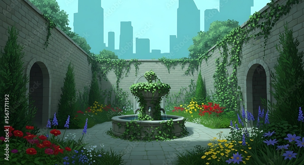 Fototapeta premium A serene, overgrown courtyard garden, surrounded by city buildings, with a decorative fountain.