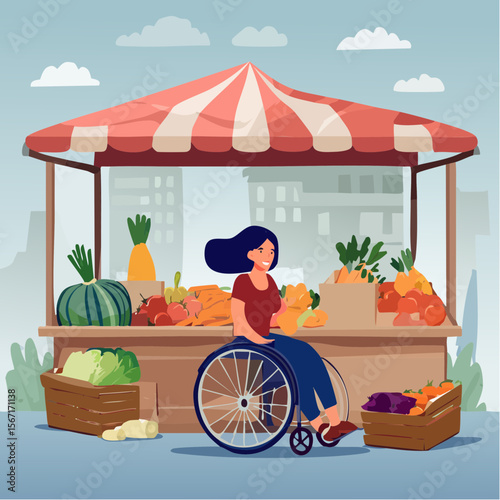 Inclusive vector showing a young woman in a wheelchair shopping at a farmers market, captured in a realistic, candid, and empowering everyday scene.