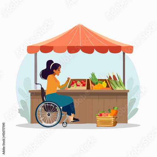Inclusive vector showing a young woman in a wheelchair shopping at a farmers market, captured in a realistic, candid, and empowering everyday scene.