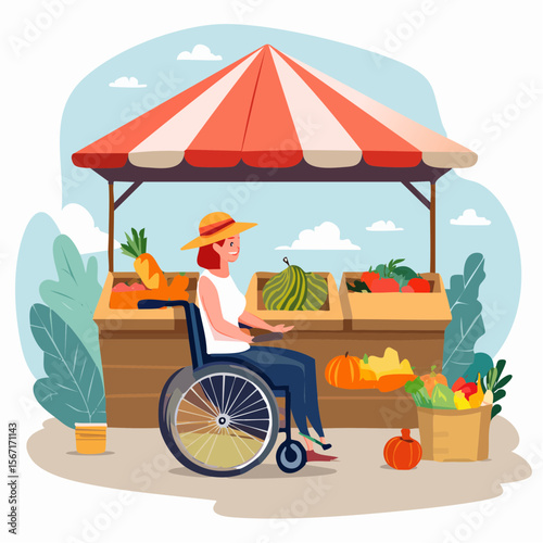Inclusive vector showing a young woman in a wheelchair shopping at a farmers market, captured in a realistic, candid, and empowering everyday scene.