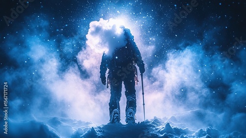 A lone climber striding through a night-time mountain landscape, shrouded in mist and illuminated by a bright starlit sky