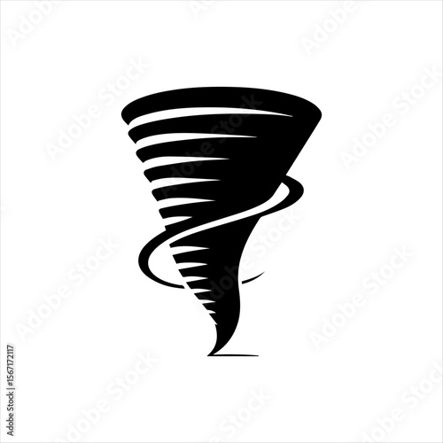 Stylized black and white graphic of a swirling tornado, powerful and dynamic.