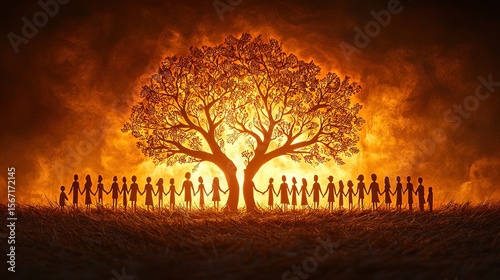 Silhouette figures holding hands in front of a large burning tree
