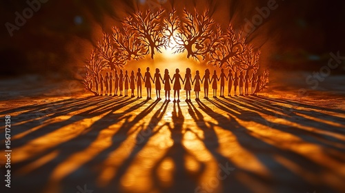 Silhouette figures of people holding hands in a circle, surrounded by cut-out trees, bathed in warm light