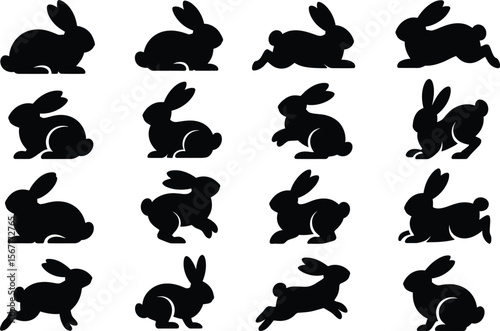 Black bunny silhouettes graphic set featuring various poses, perfect for springtime designs, stickers, or craft projects.