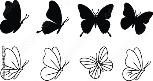Graceful butterflies set design with black silhouettes and line art variations for logo and decorations, representing nature and spring