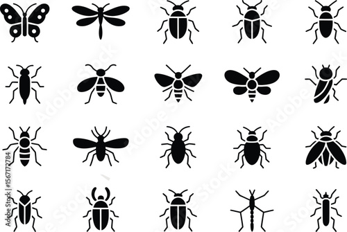 A collection of insect symbols features minimalist black glyphs including beetle, butterfly, dragonfly, moth, and ant icons.