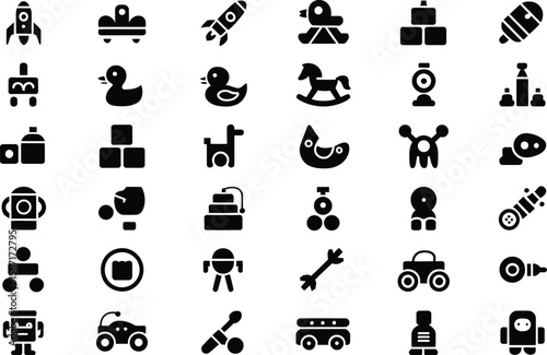 Collection of charming children's toy icons offers diverse play symbols, perfect for designing engaging games or decorating kid-themed content with whimsical elements.