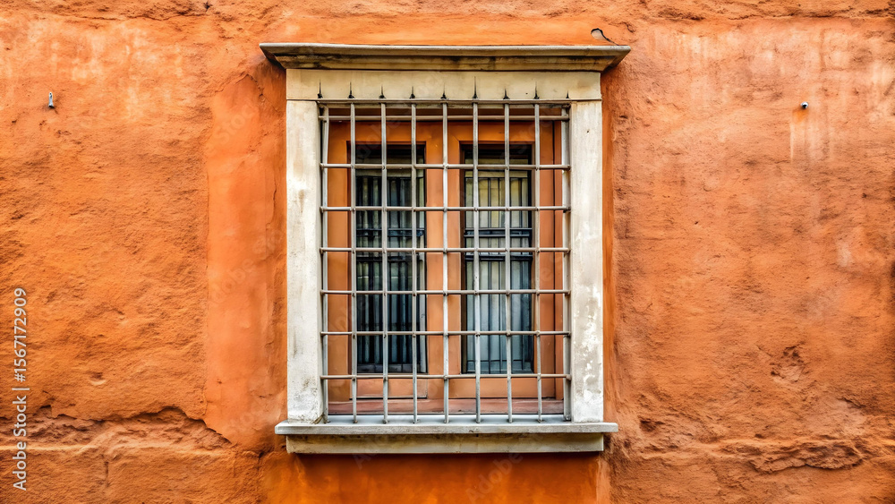 Obraz premium An old window with metal bars is set into an orange wall